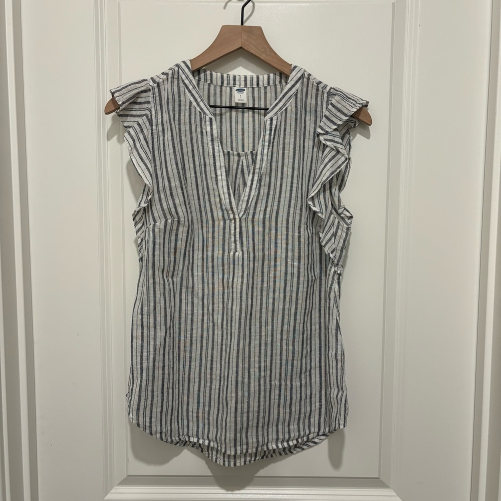 🪴$5/25🪴Old Navy Blue White Striped Linen Blend Ruffle Sleeve V-Neck Blouse Top S - Picture 2 of 12